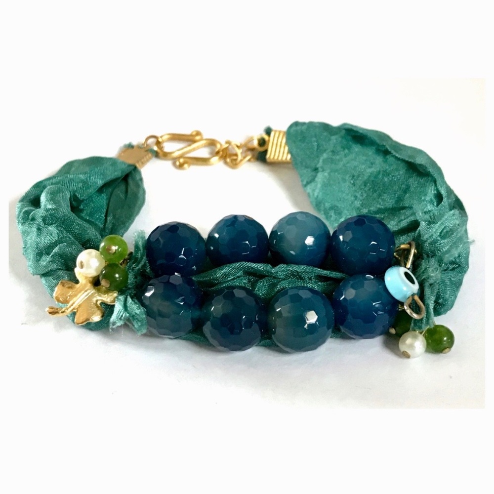 3/$15 Teal Silk Ribbon Blue Glass Beaded Bracelet